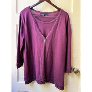 VTG Grannycore Sweater Set 1x Plum Purple Shirt Cardigan Crochet Holiday Nye